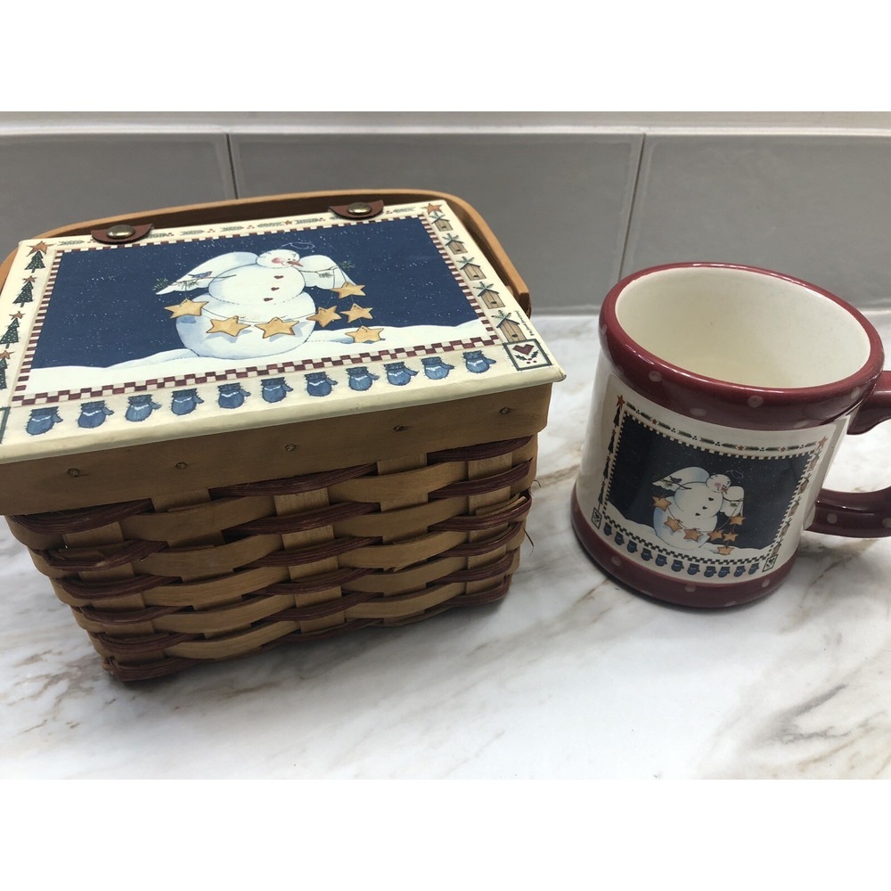 Woven snowman with handle& lid basket With Matching‎ Coffee Cup Holiday Decor